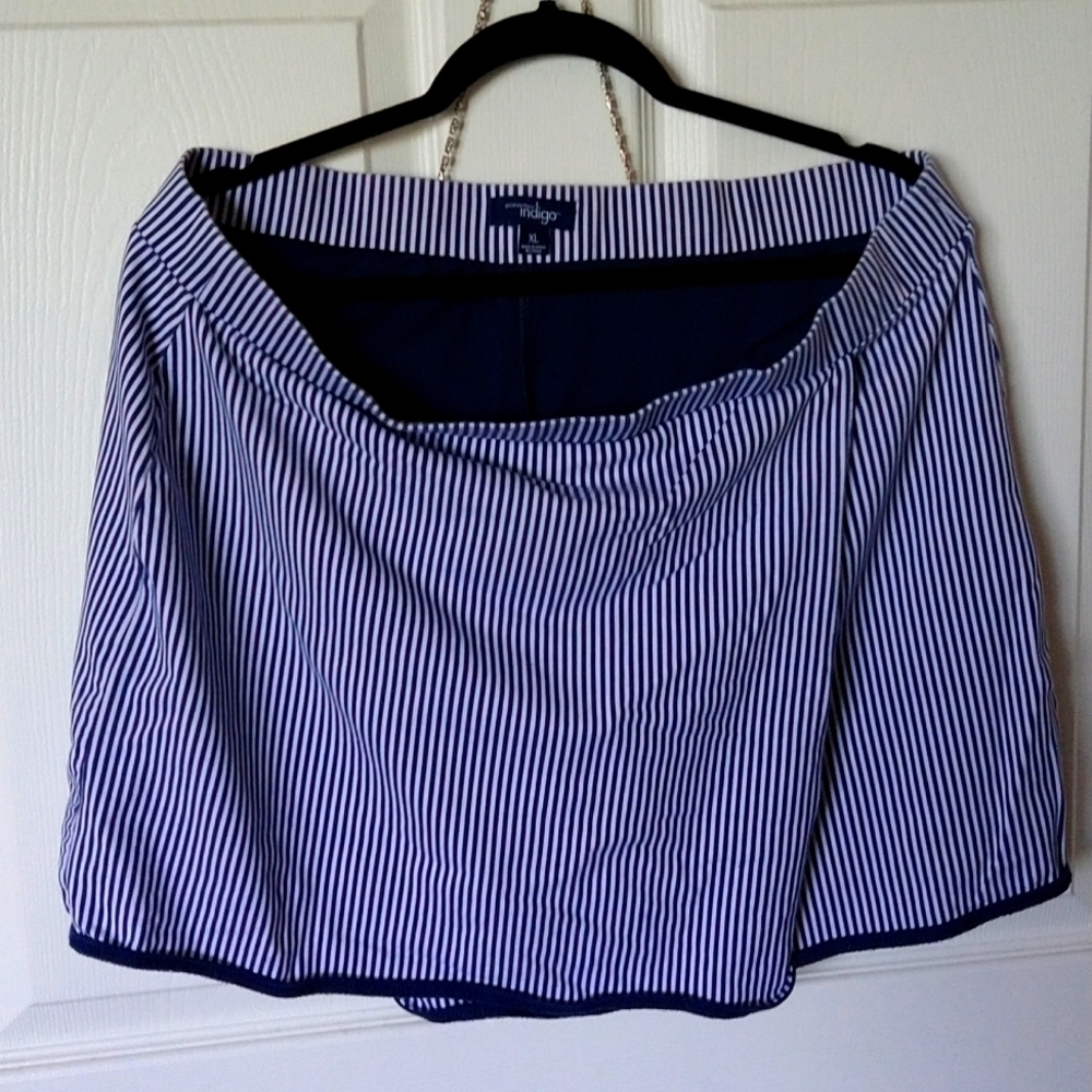 Vertical blue and white striped skort
